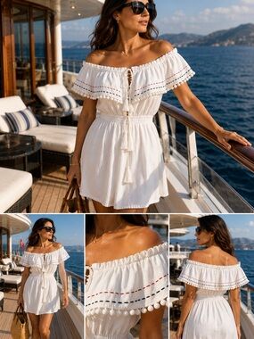 NWT Miu Miu white off-Shoulder Poplin Pom dress IT 38 white 100% cotton